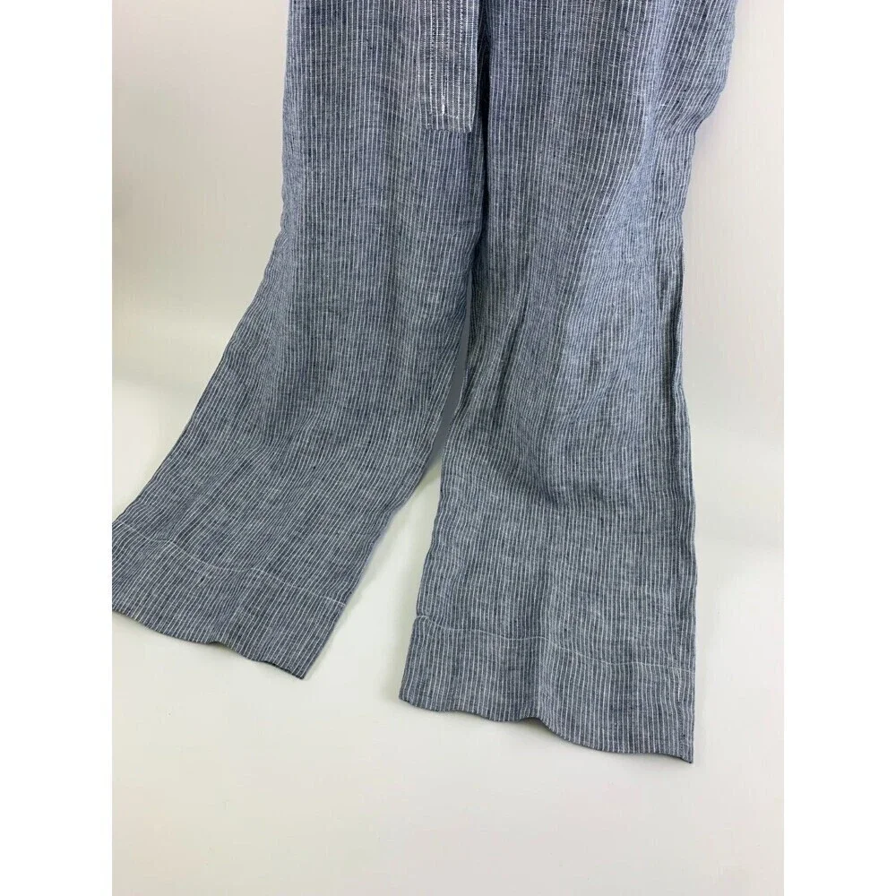 Everlane Linen Picnic Jumpsuit Blue Pinstriped Button Belted Adjustable Womens 6
